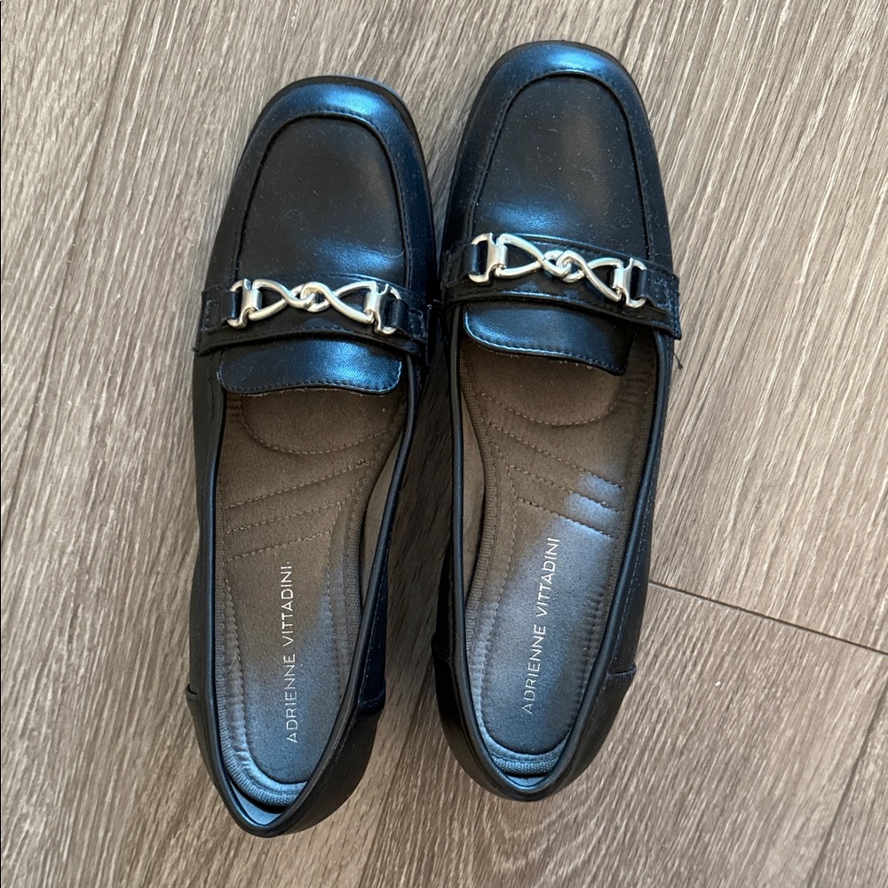 Adrienne Vittadini Black Leather Loafers with Silver Accent